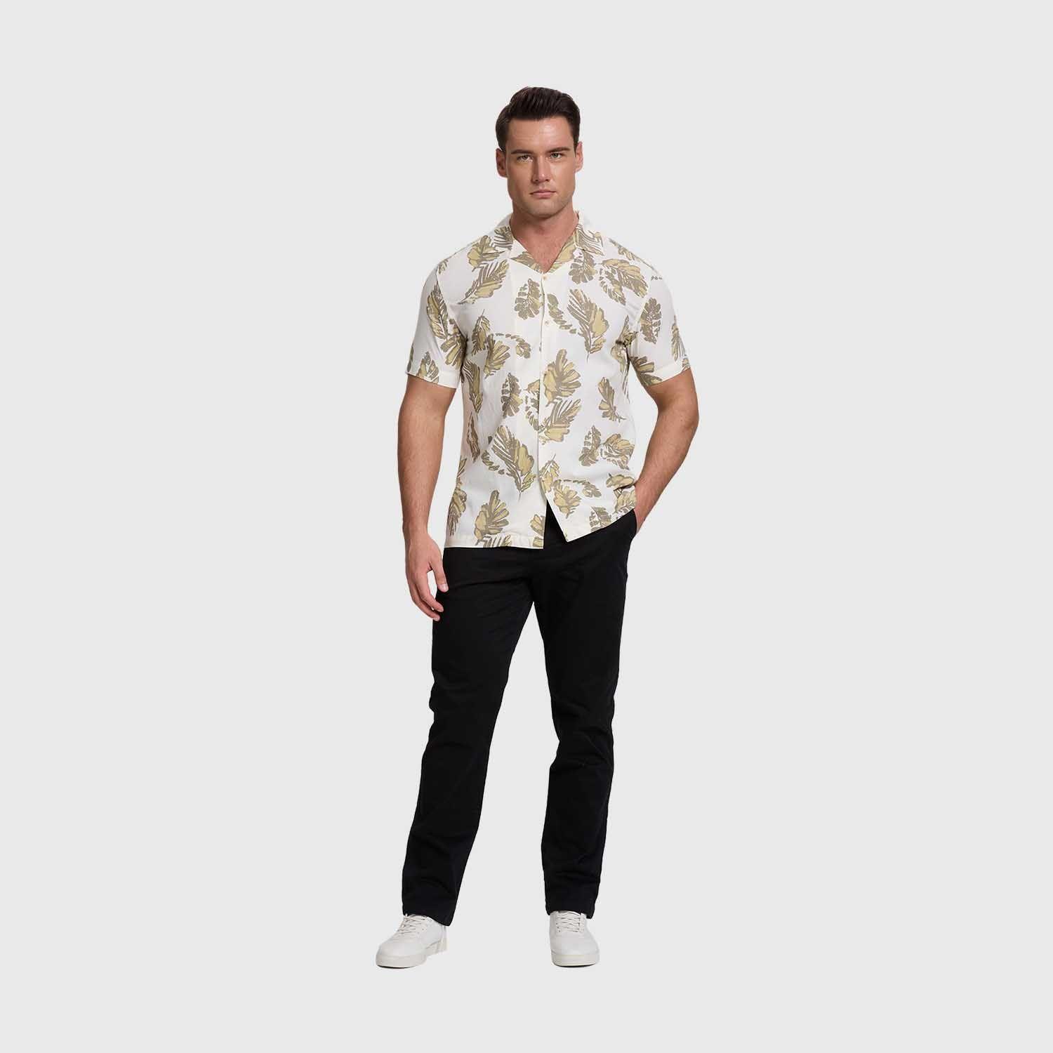 Camisa Hombre Print Hojas Blanco Fashion's Park-3