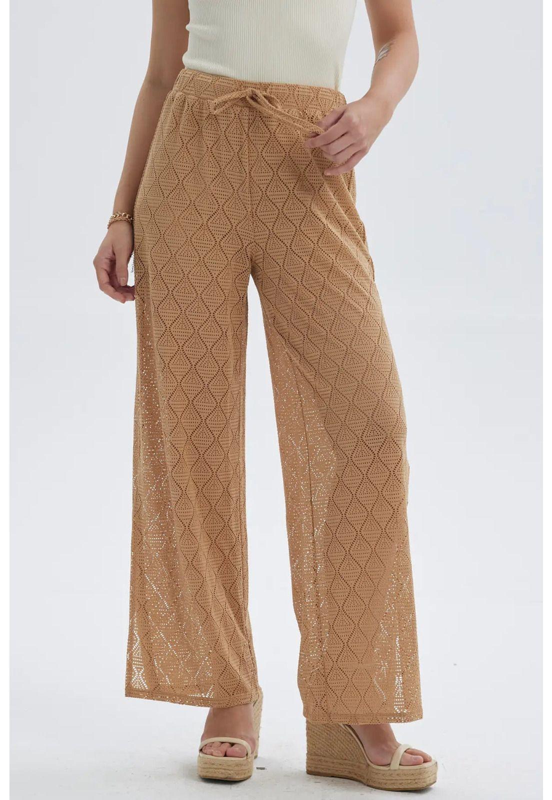 Pantalón Mujer Calado Abertura Pierna Camel-0