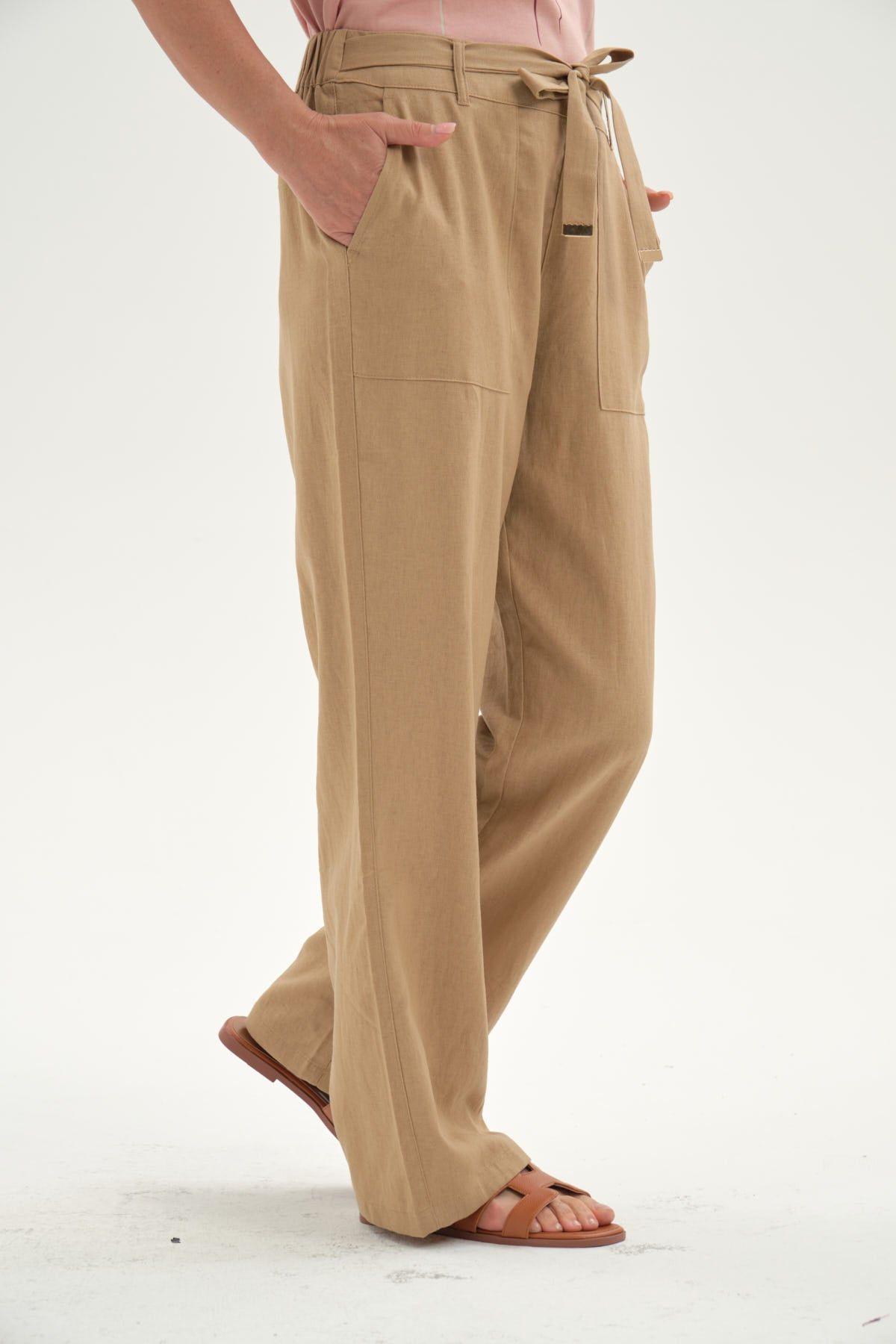 Pantalón Mujer Lino Pretina Elasticada Camel-1