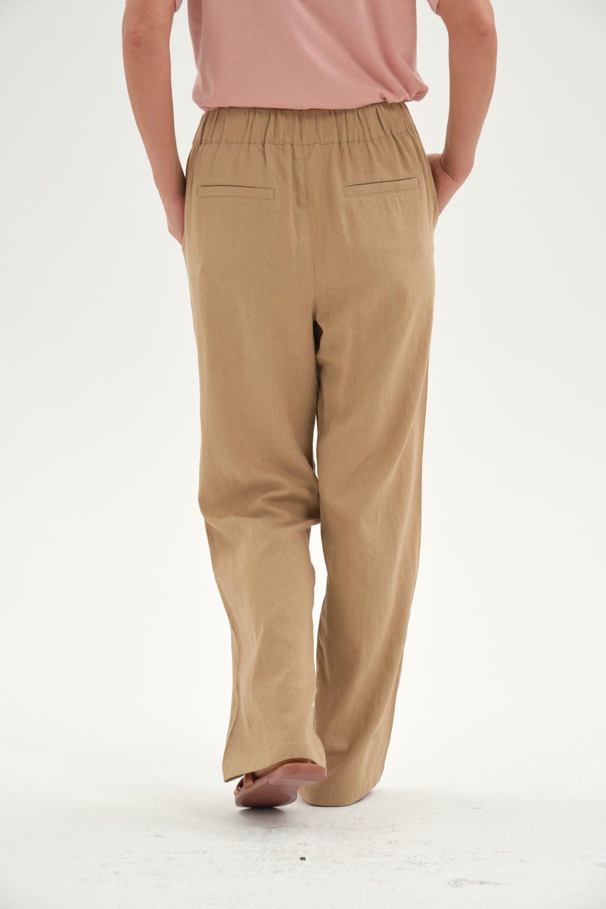 Pantalón Mujer Lino Pretina Elasticada Camel-2