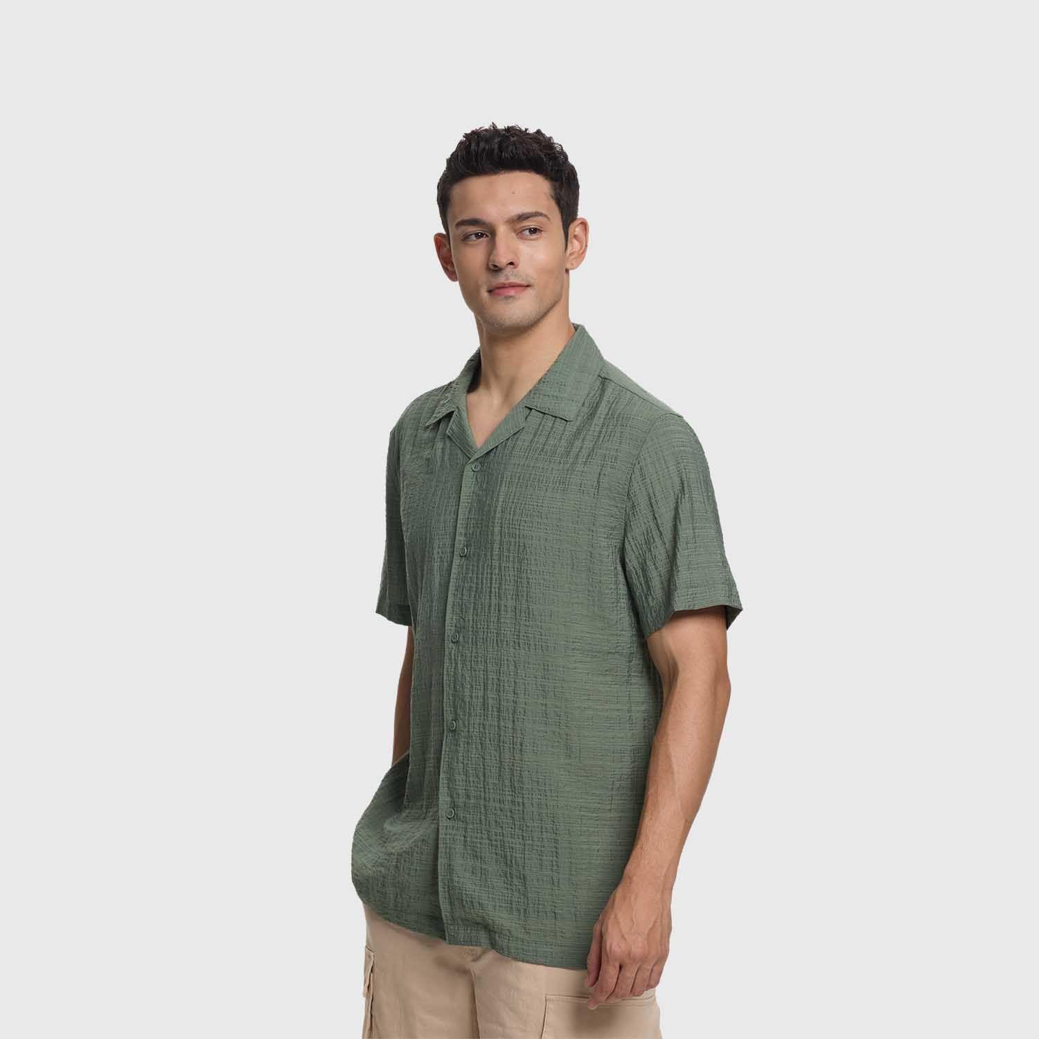 Camisa Hombre Textura Guayabera Verde Militar Fashion's Park-1