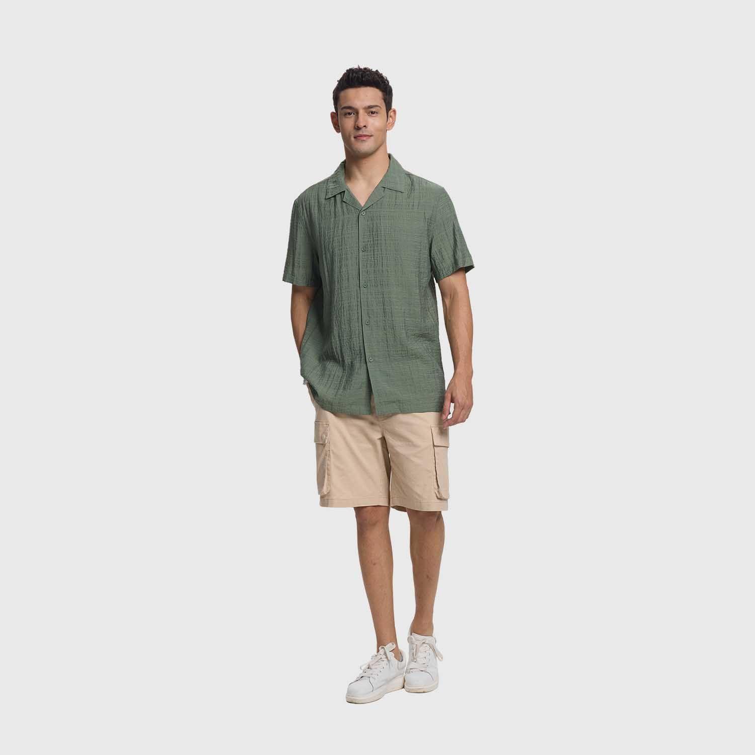 Camisa Hombre Textura Guayabera Verde Militar Fashion's Park-3
