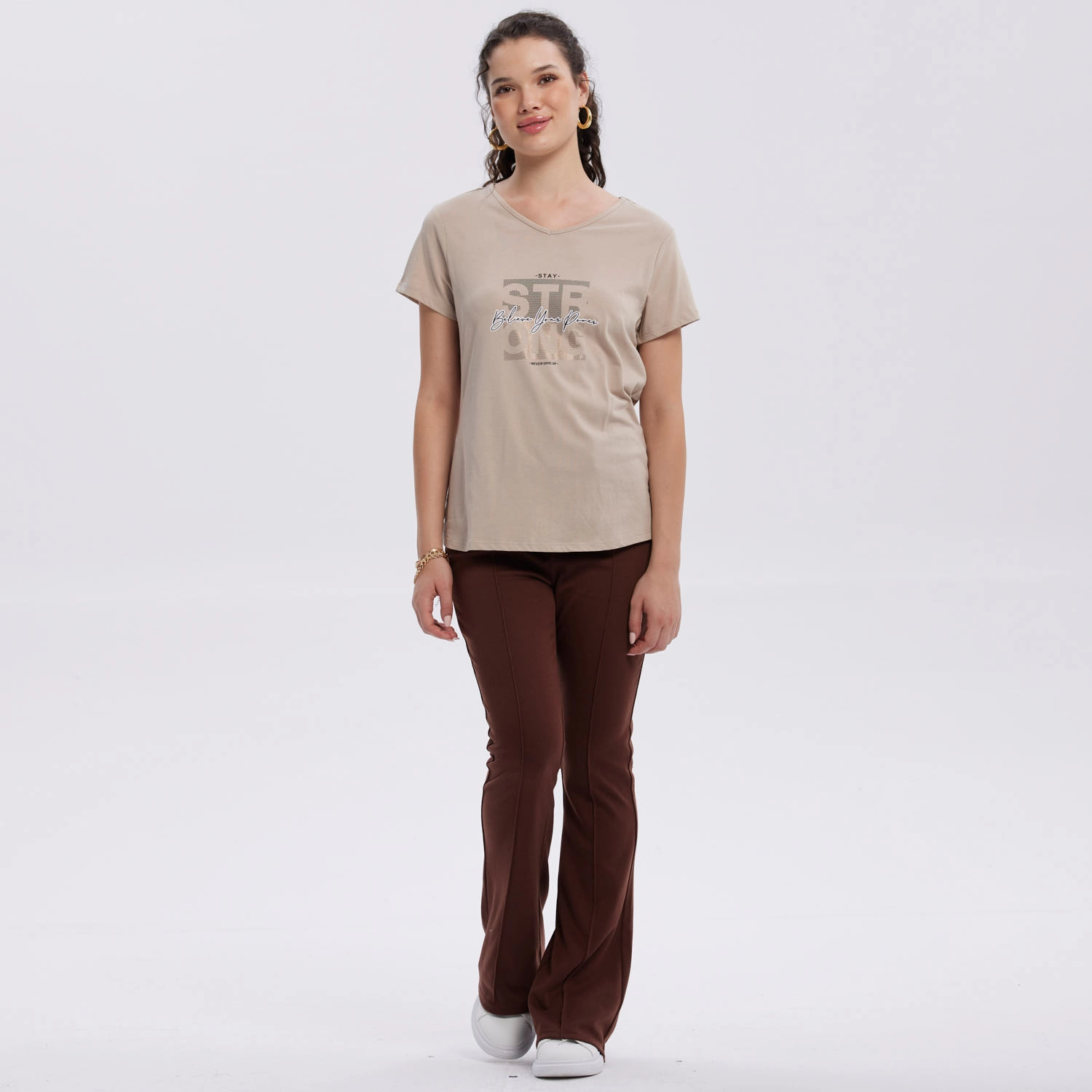 Polera Mujer Print Aplicación Folia Beige-0