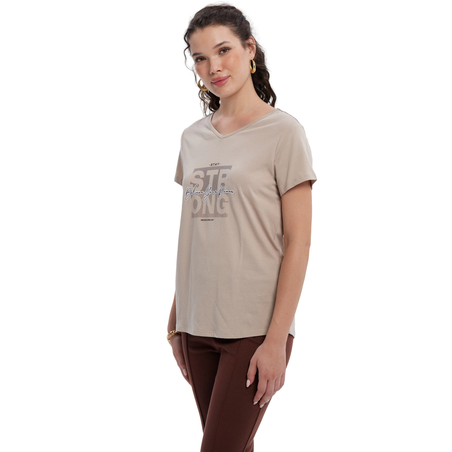 Polera Mujer Print Aplicación Folia Beige-1