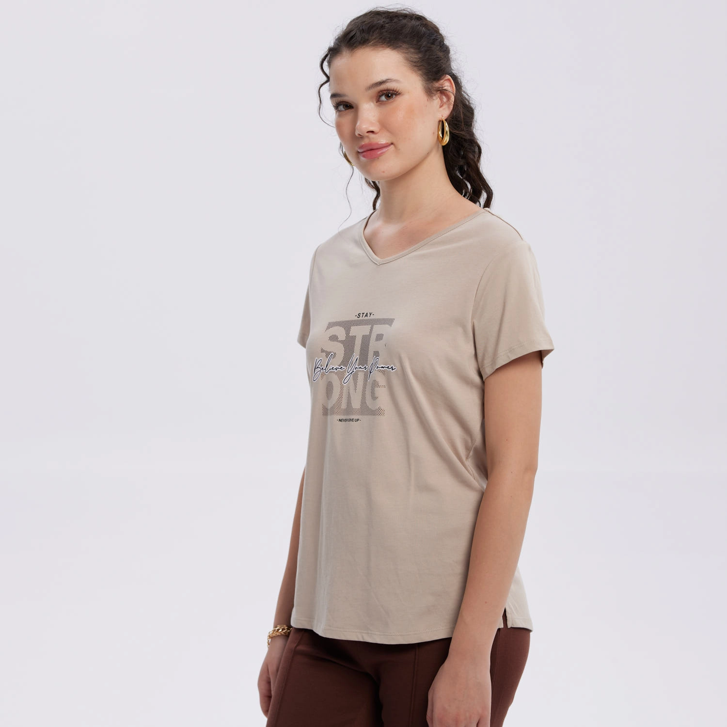 Polera Mujer Print Aplicación Folia Beige-3