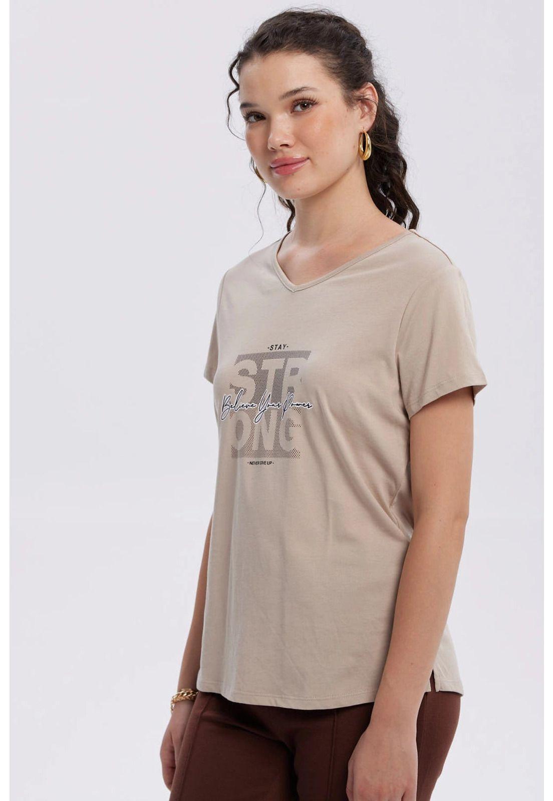 Polera Mujer Print Aplicación Folia Beige-0