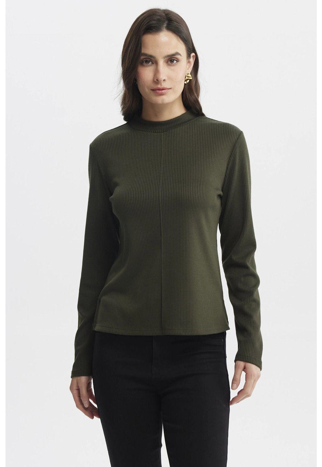 Polera Mujer Rib Lisa Corte Central Verde Musgo-0