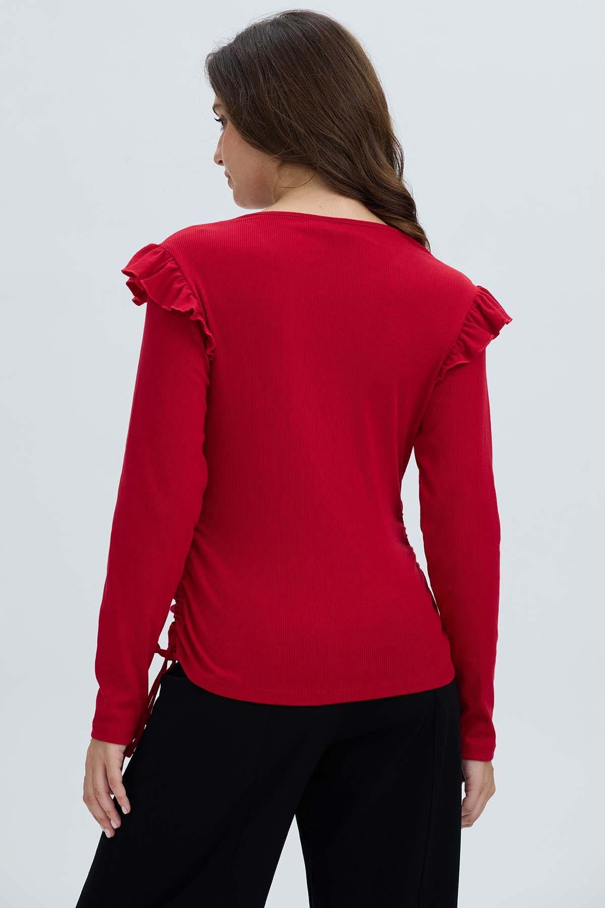 Polera Mujer Con Vuelo Rib Recogido Rojo Oscuro-2