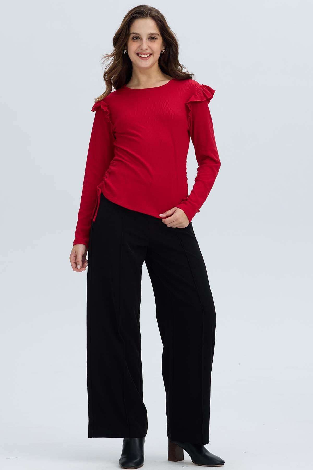 Polera Mujer Con Vuelo Rib Recogido Rojo Oscuro-3