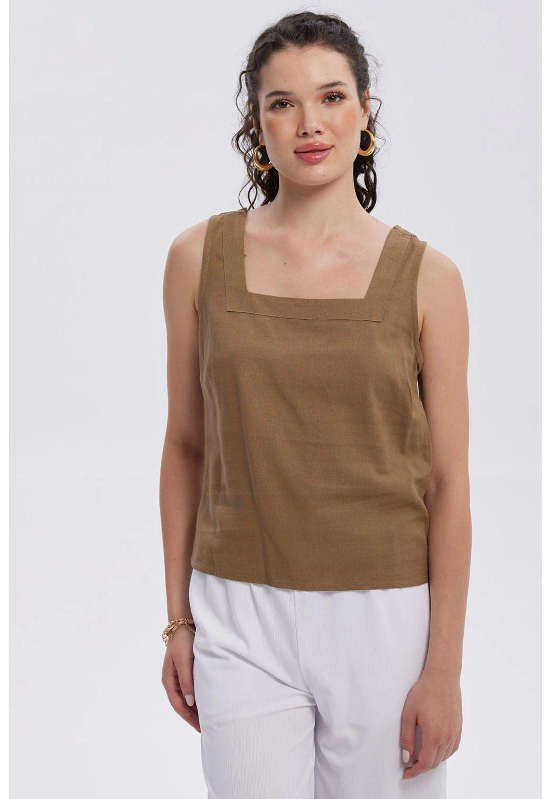 Blusa Mujer Escote Cuadrado Café Claro-0