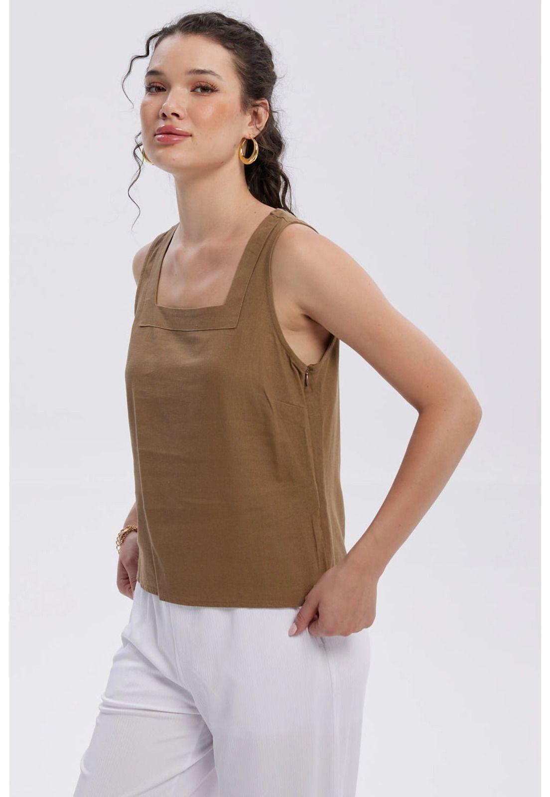 Blusa Mujer Escote Cuadrado Café Claro-1