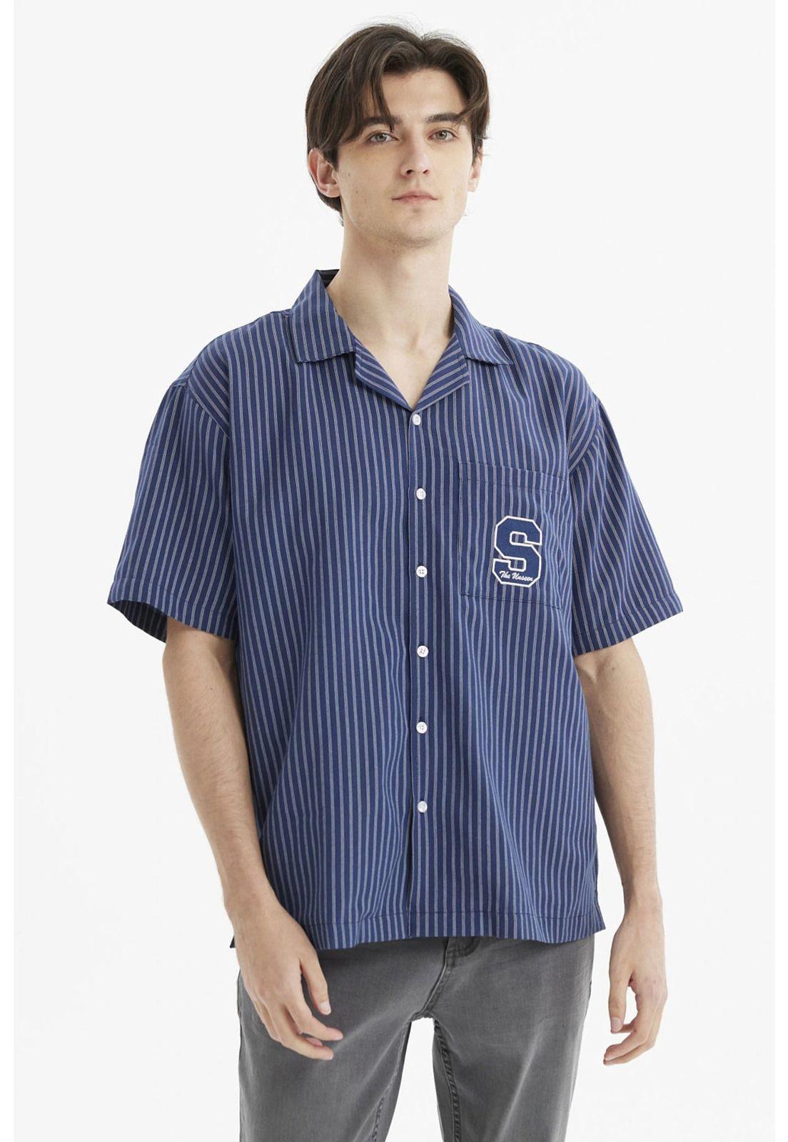 Camisa Hombre Slim Cuello Camisero Azul-0