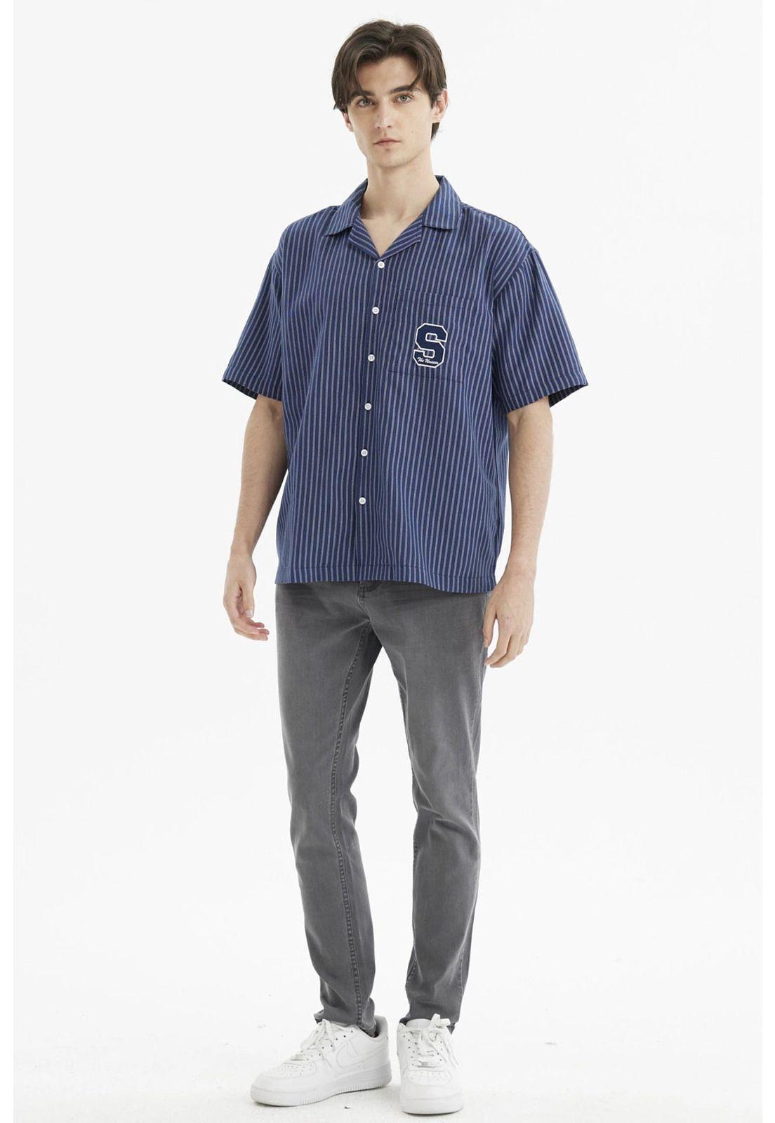 Camisa Hombre Slim Cuello Camisero Azul-3