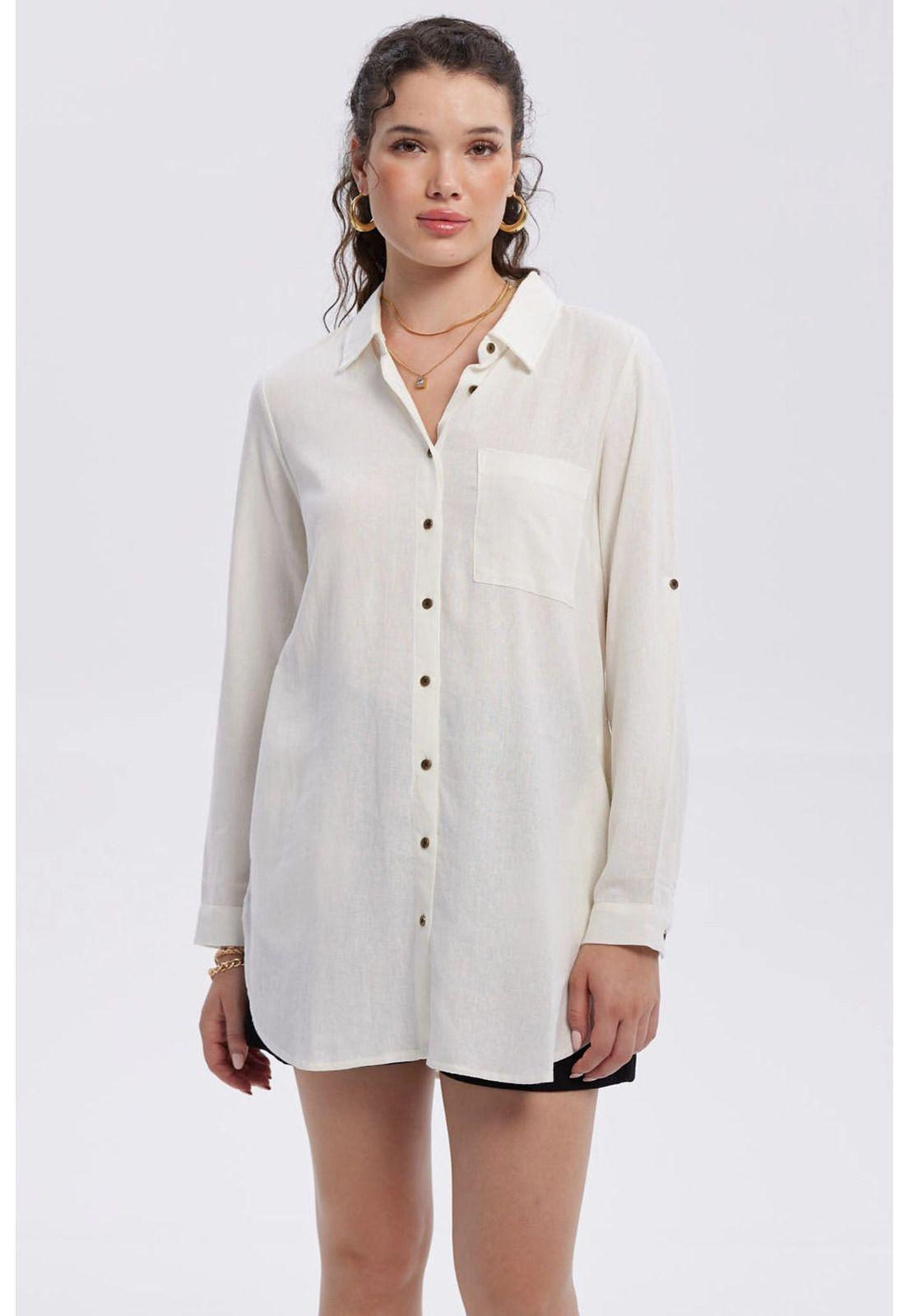 Blusa Mujer Lino Abotonada Lisa Crudo-0