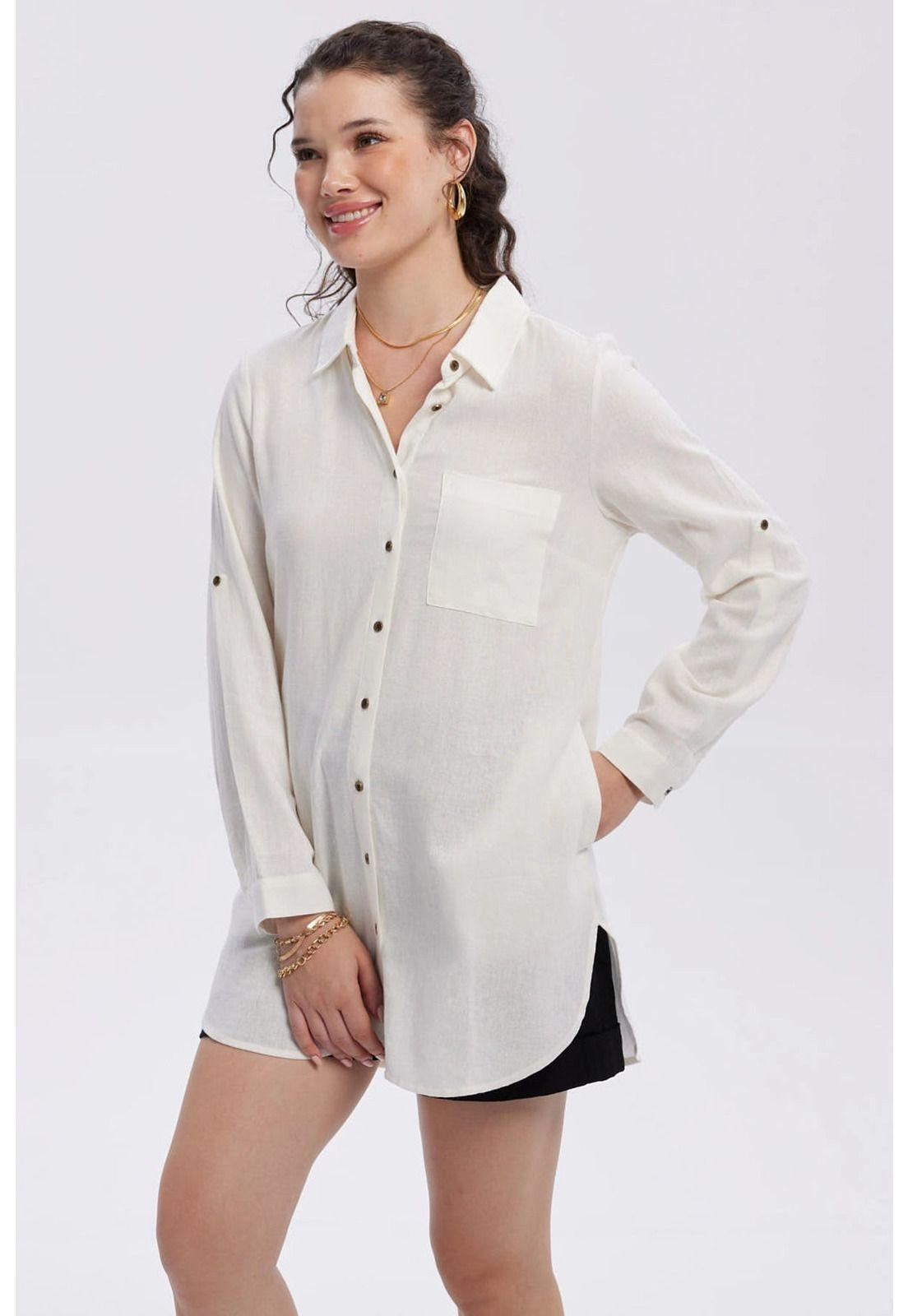 Blusa Mujer Lino Abotonada Lisa Crudo-1
