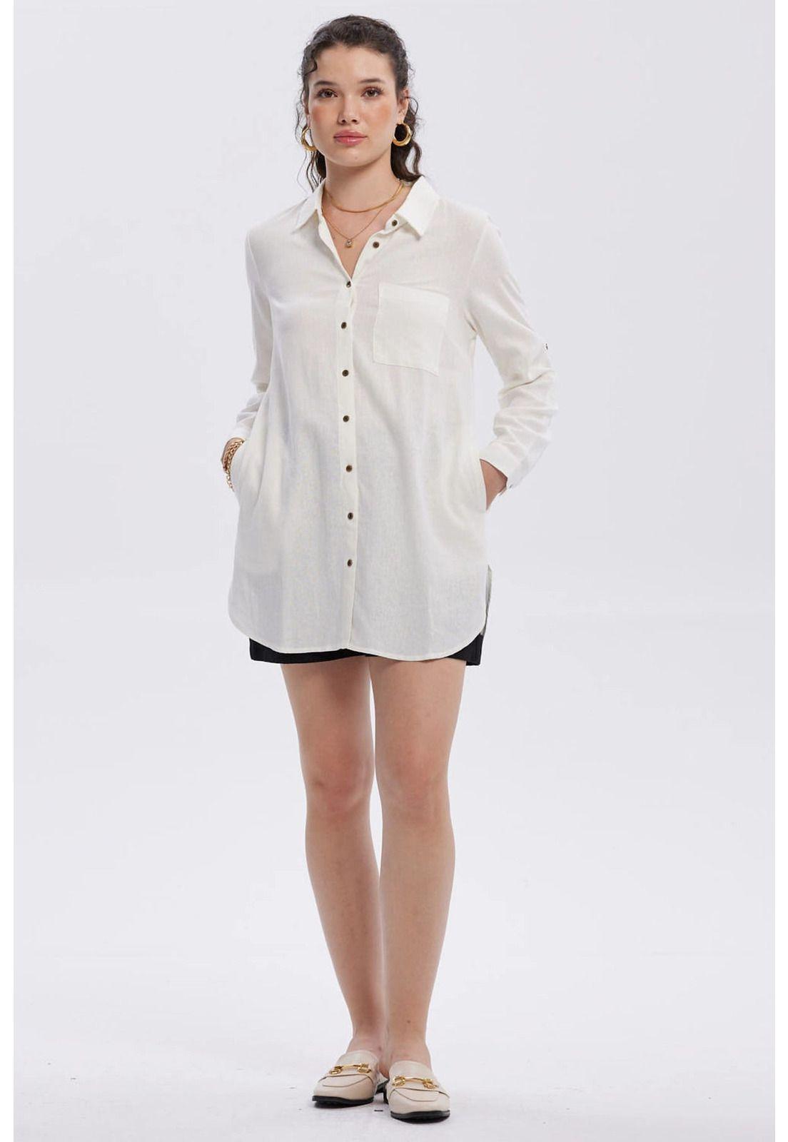 Blusa Mujer Lino Abotonada Lisa Crudo-3