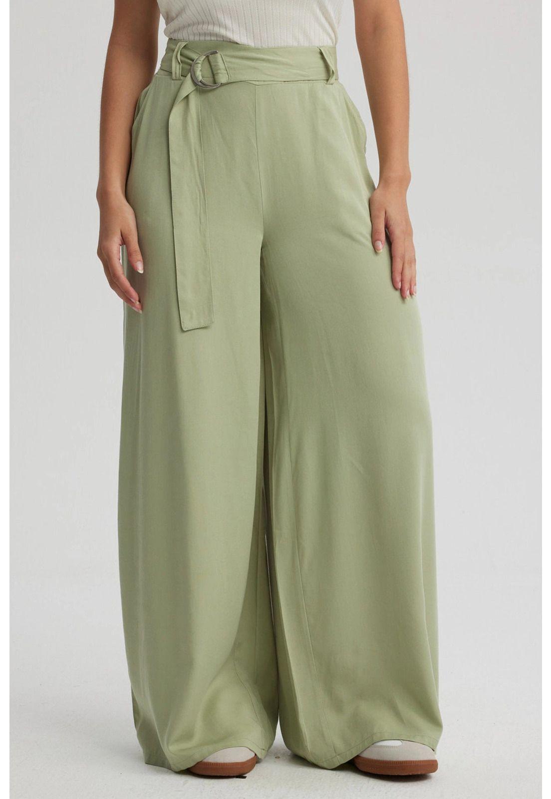 Pantalón Mujer Palazzo Cinturón Verde-0
