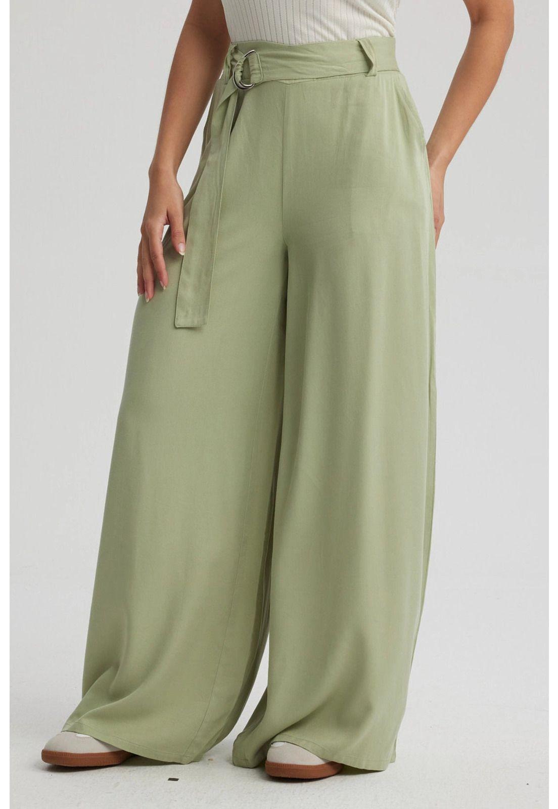 Pantalón Mujer Palazzo Cinturón Verde-1