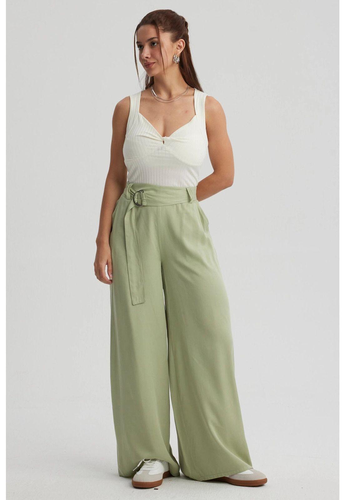 Pantalón Mujer Palazzo Cinturón Verde-3