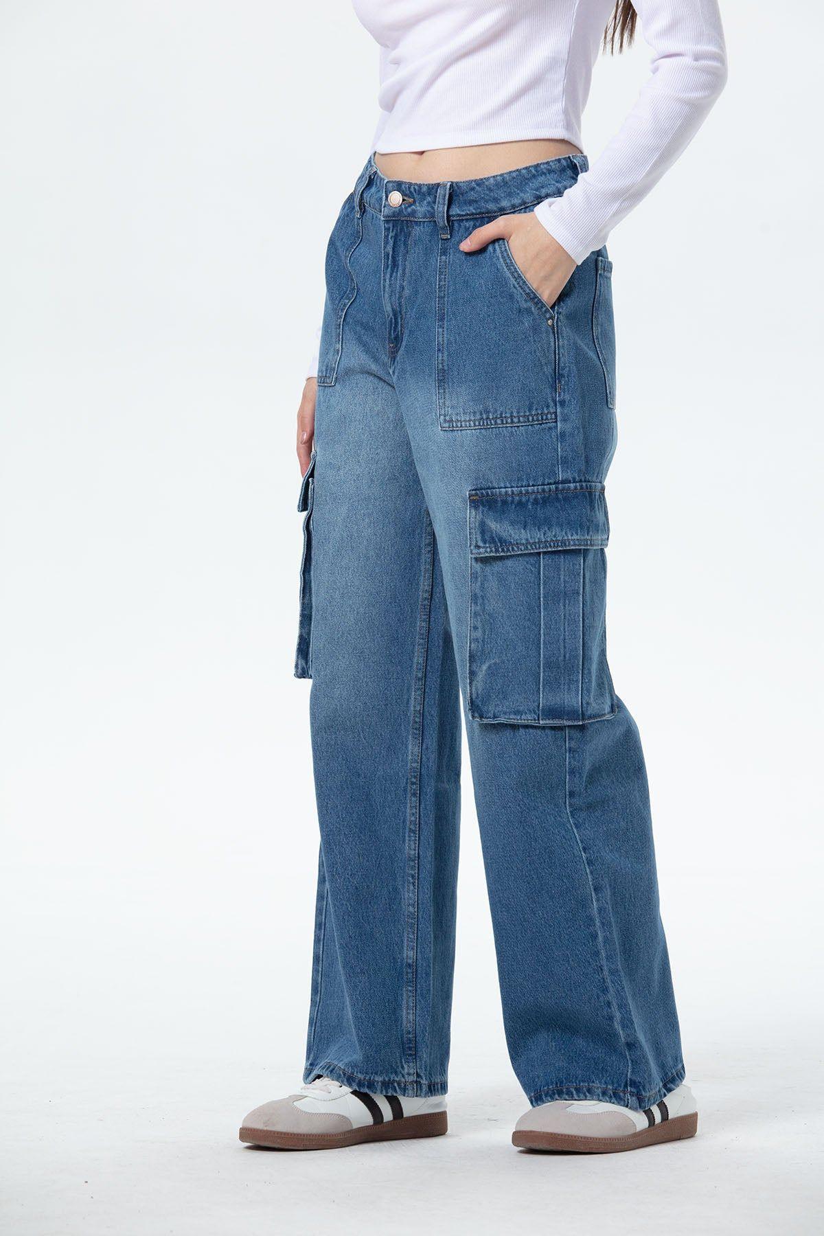 Jeans Mujer Bolsillo Calce Recto Azul-1