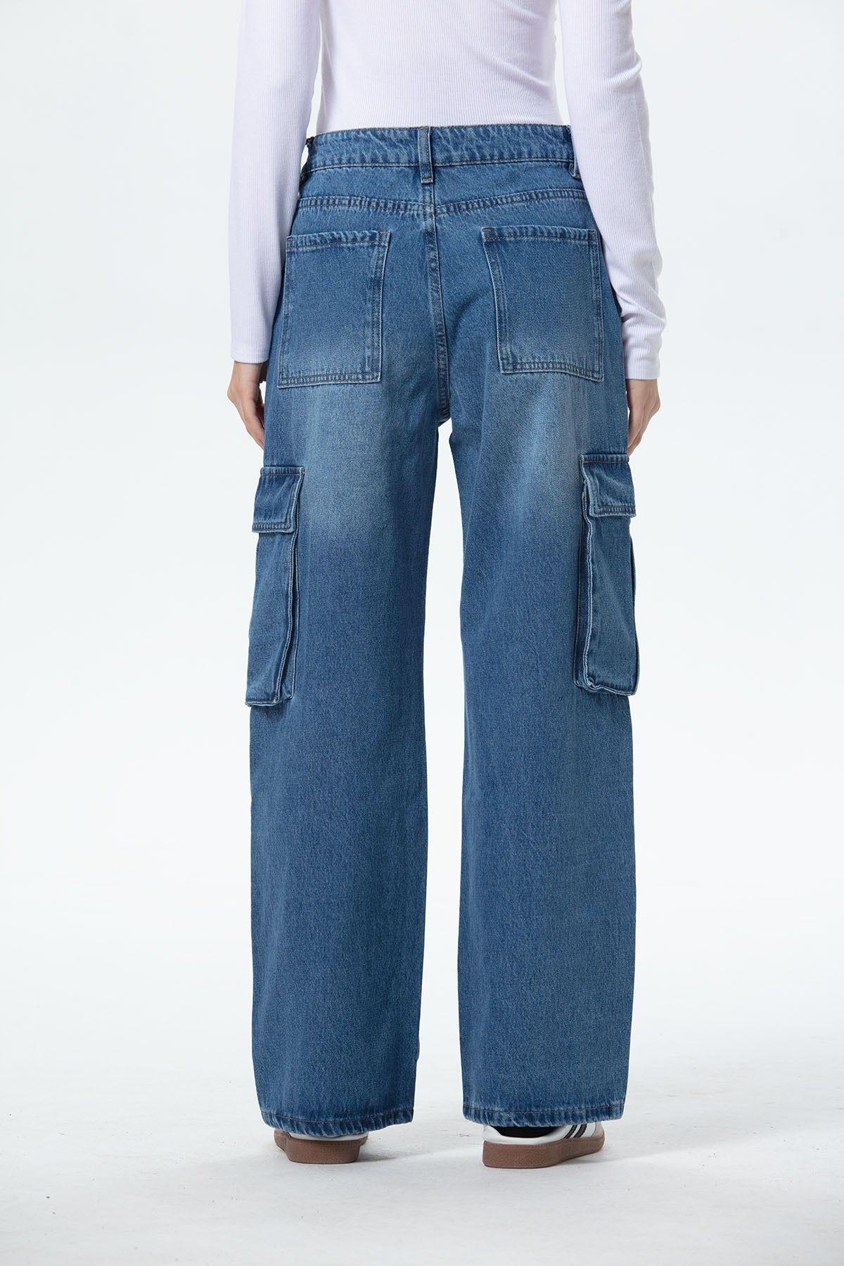 Jeans Mujer Bolsillo Calce Recto Azul-2