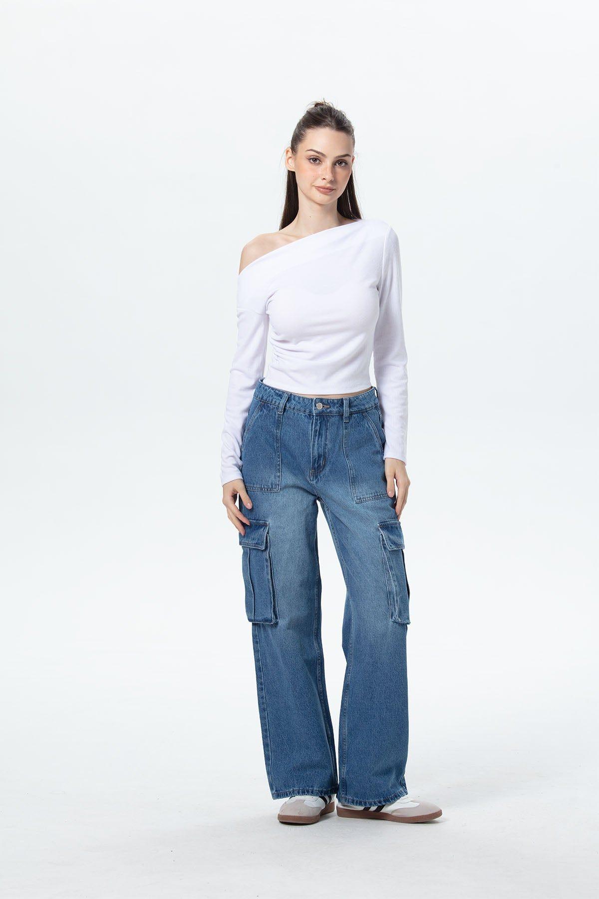 Jeans Mujer Bolsillo Calce Recto Azul-3