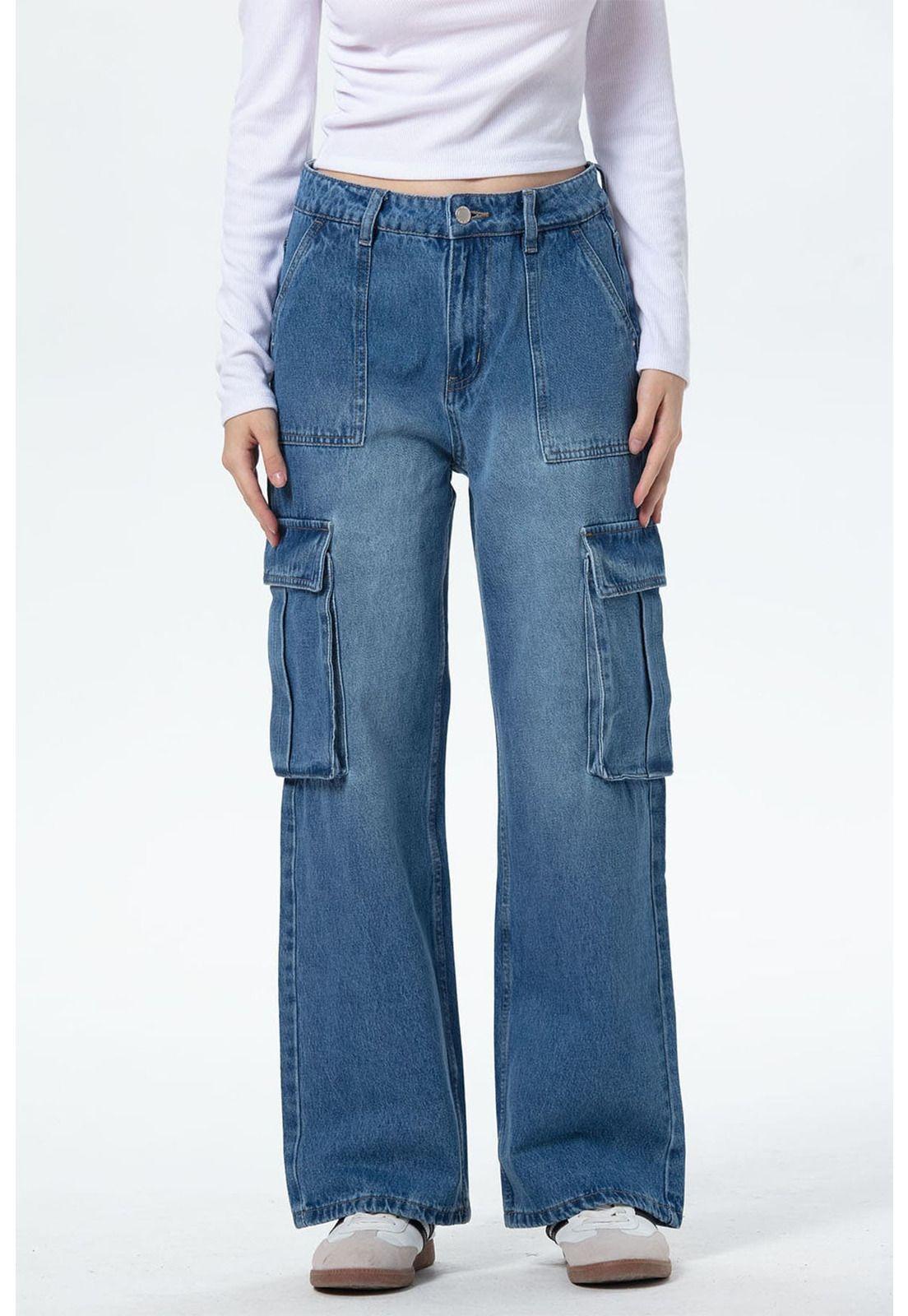 Jeans Mujer Bolsillo Calce Recto Azul-0