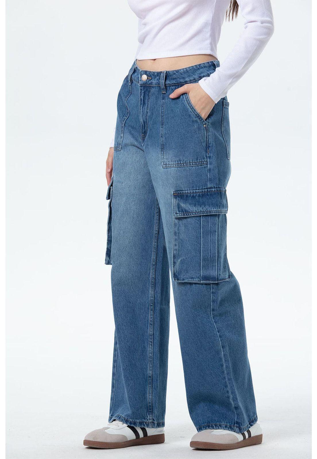 Jeans Mujer Bolsillo Calce Recto Azul-1