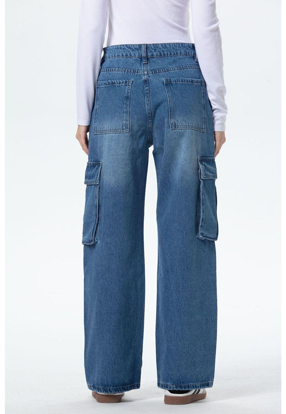 Jeans Mujer Bolsillo Calce Recto Azul-2