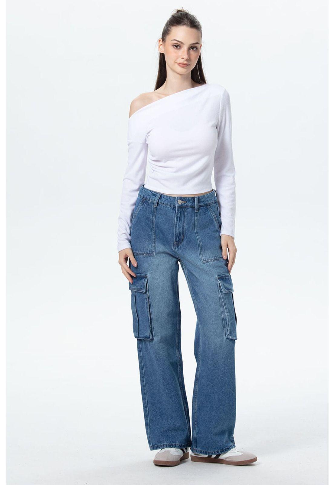 Jeans Mujer Bolsillo Calce Recto Azul-3