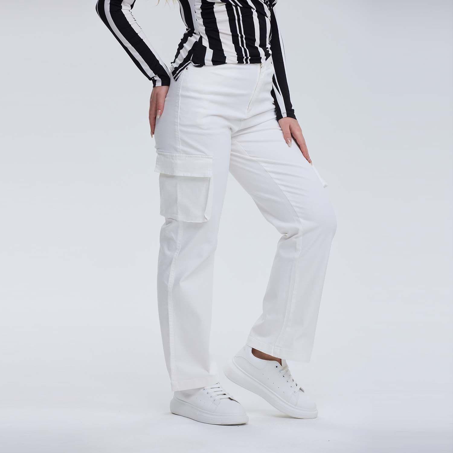 Pantalón Mujer Wide Leg Cargo Gabardina Crudo-1