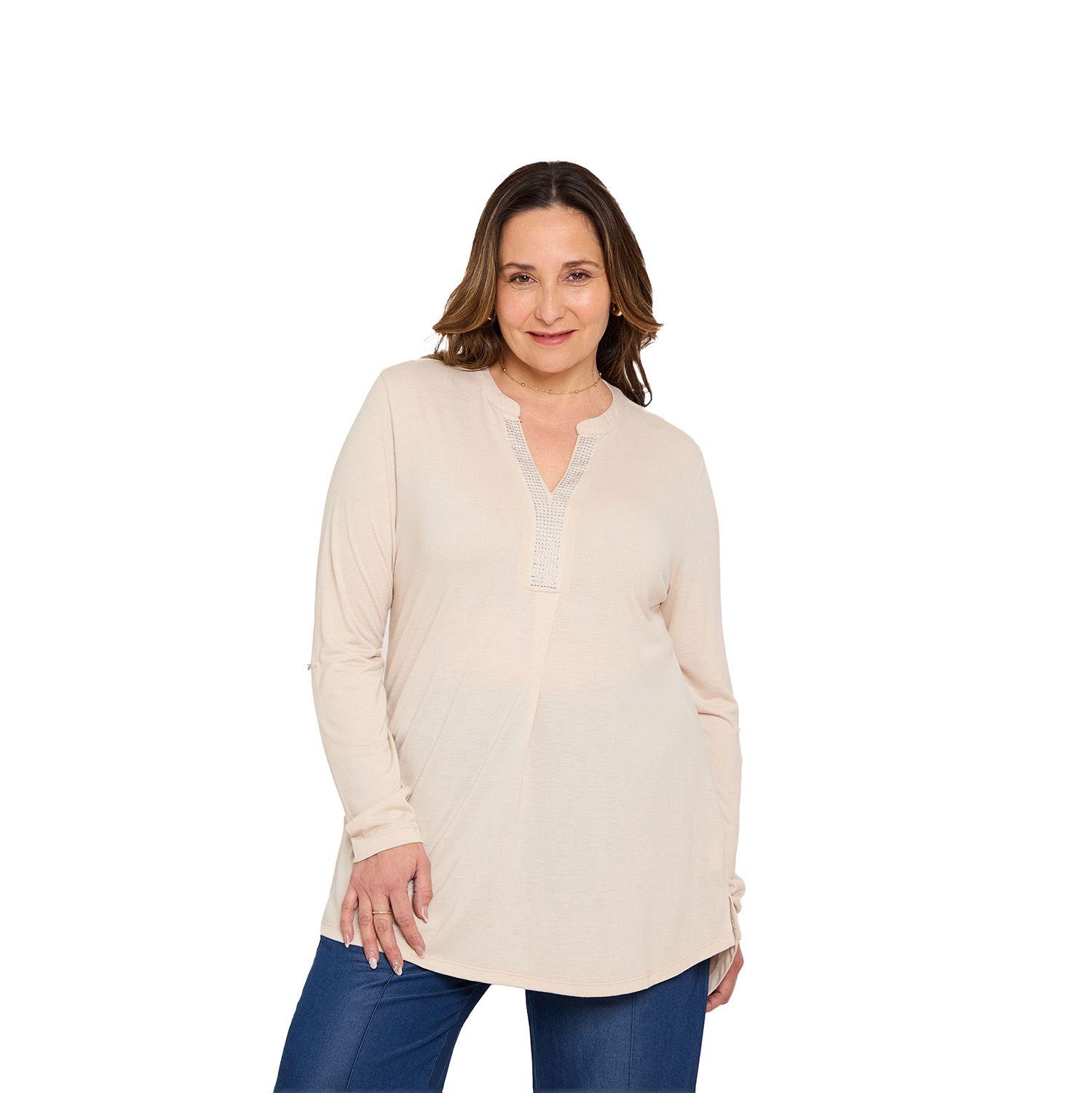 Polera Mujer Lisa Manga Roll Up Beige Claro Fashion's Park-0