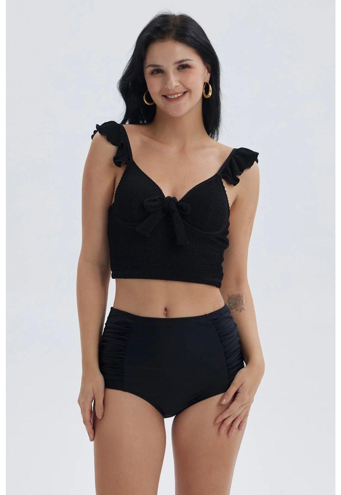 Traje De Baño Mujer Top Con Vuelos Textura Negro-0