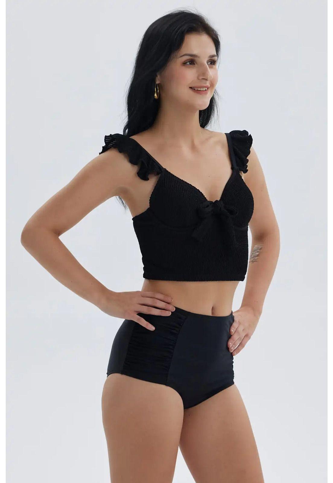 Traje De Baño Mujer Top Con Vuelos Textura Negro-1
