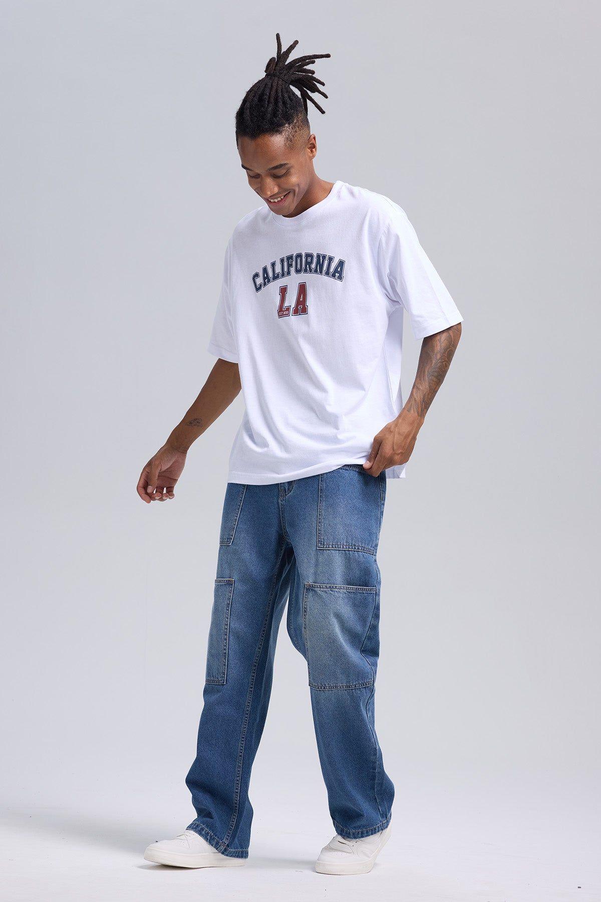 Jeans Hombre Relajado Con Parche Azul-3