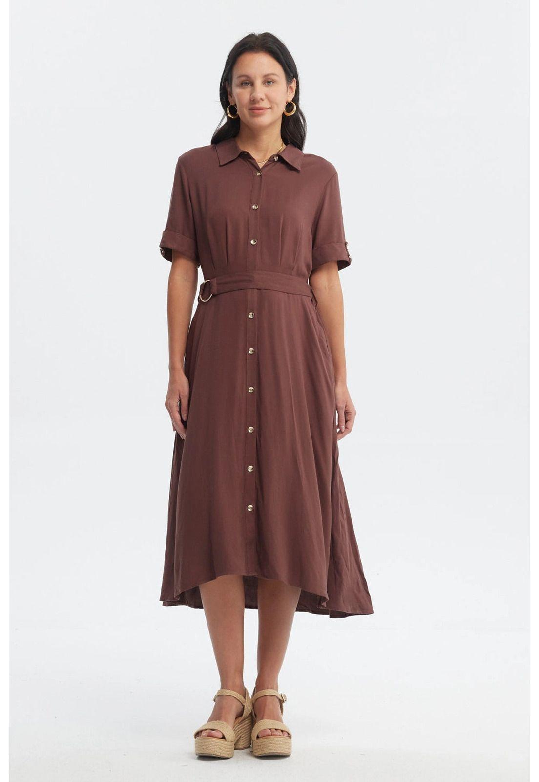 Vestido Mujer Camisero Con Cinturón Café Claro-0