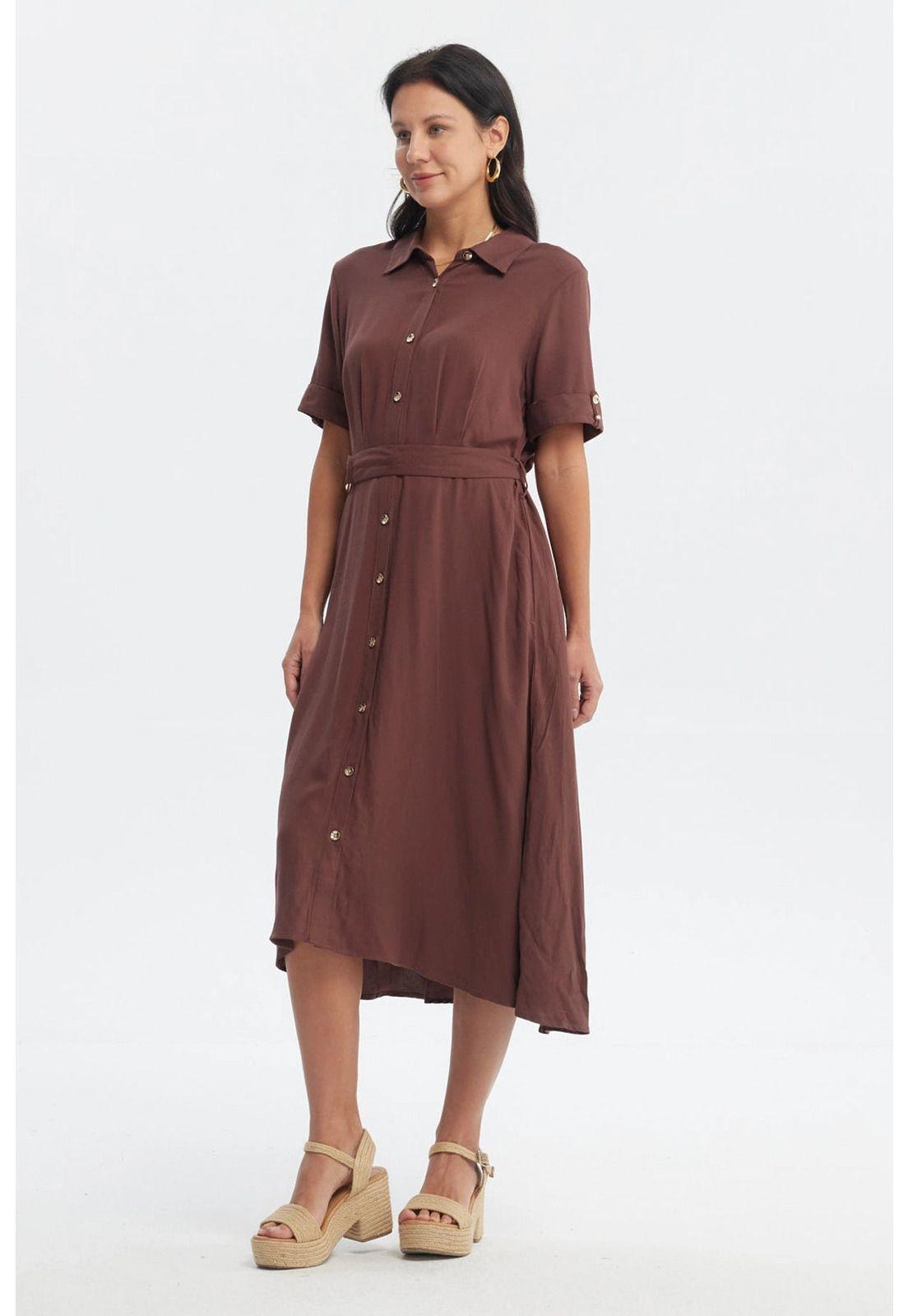 Vestido Mujer Camisero Con Cinturón Café Claro-1
