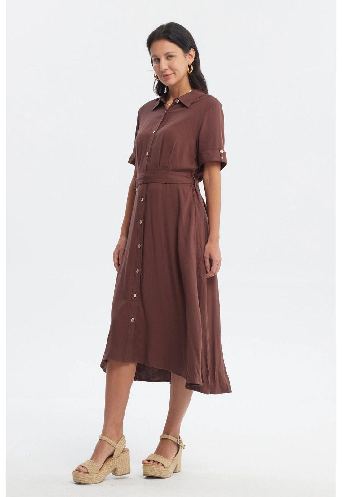Vestido Mujer Camisero Con Cinturón Café Claro-3
