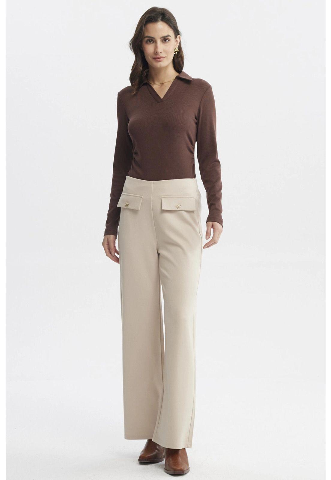 Pantalón Mujer Calce Recto Tapeta Botones Arena-3