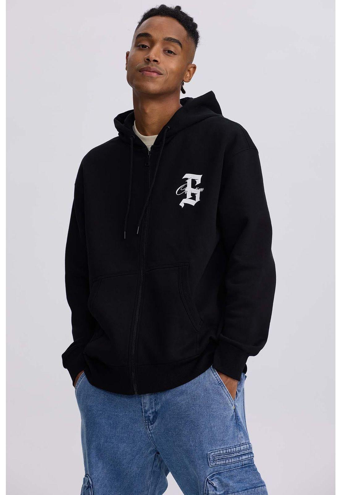 Polerón Hombre Full Zipper Print Negro-1