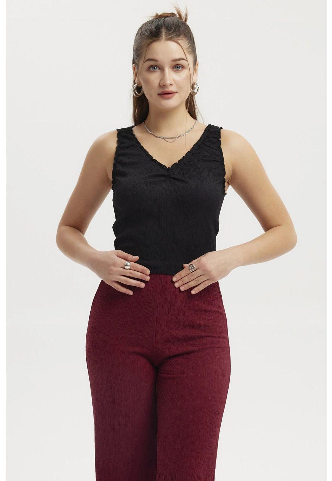 Polera Mujer Textura Recogido Negro-0