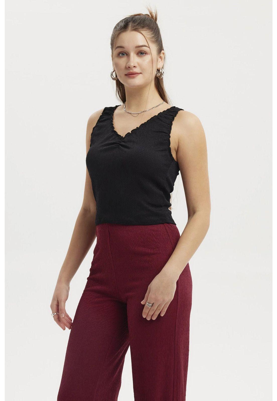 Polera Mujer Textura Recogido Negro-1