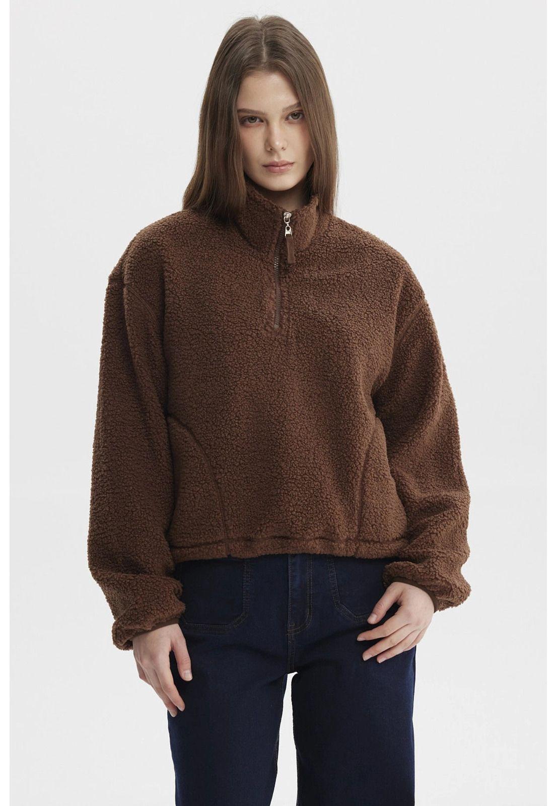 Polar Mujer Corderito Medio Cierre Café Oscuro-0