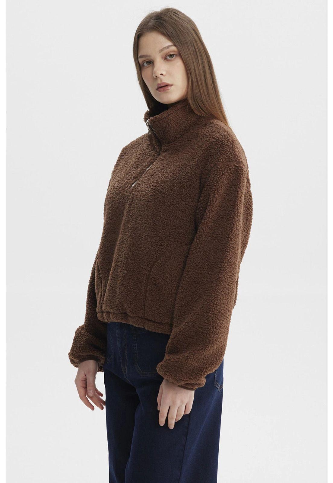 Polar Mujer Corderito Medio Cierre Café Oscuro-2