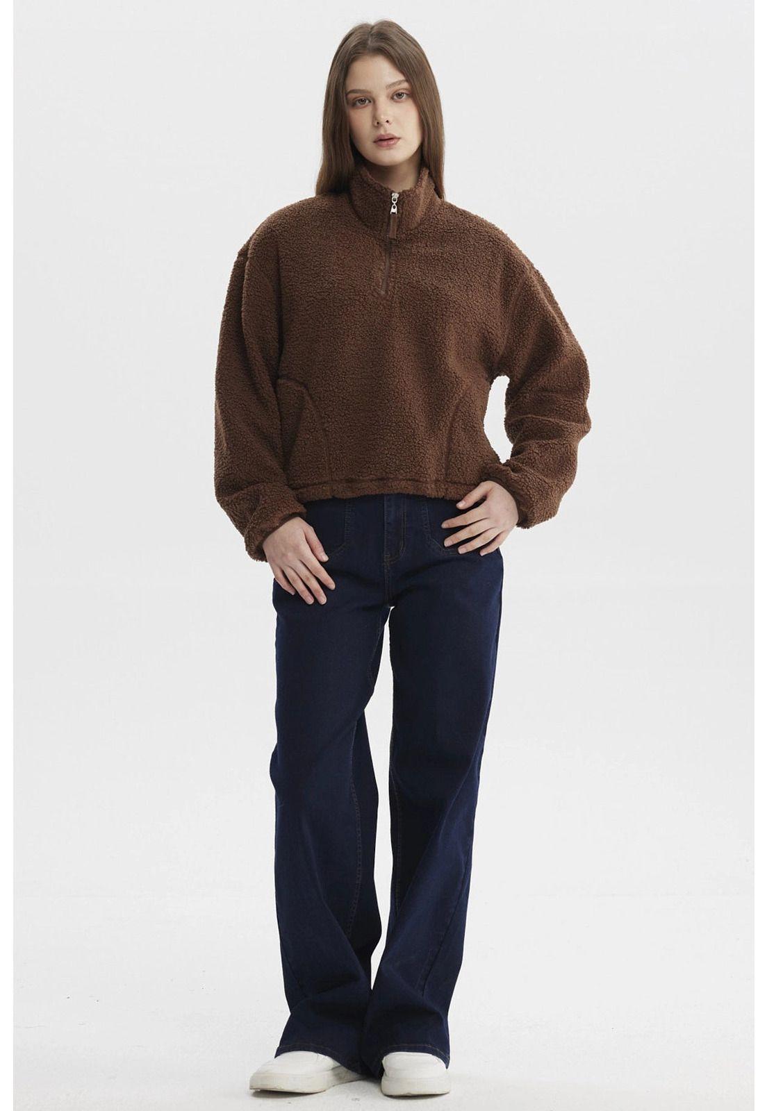 Polar Mujer Corderito Medio Cierre Café Oscuro-3