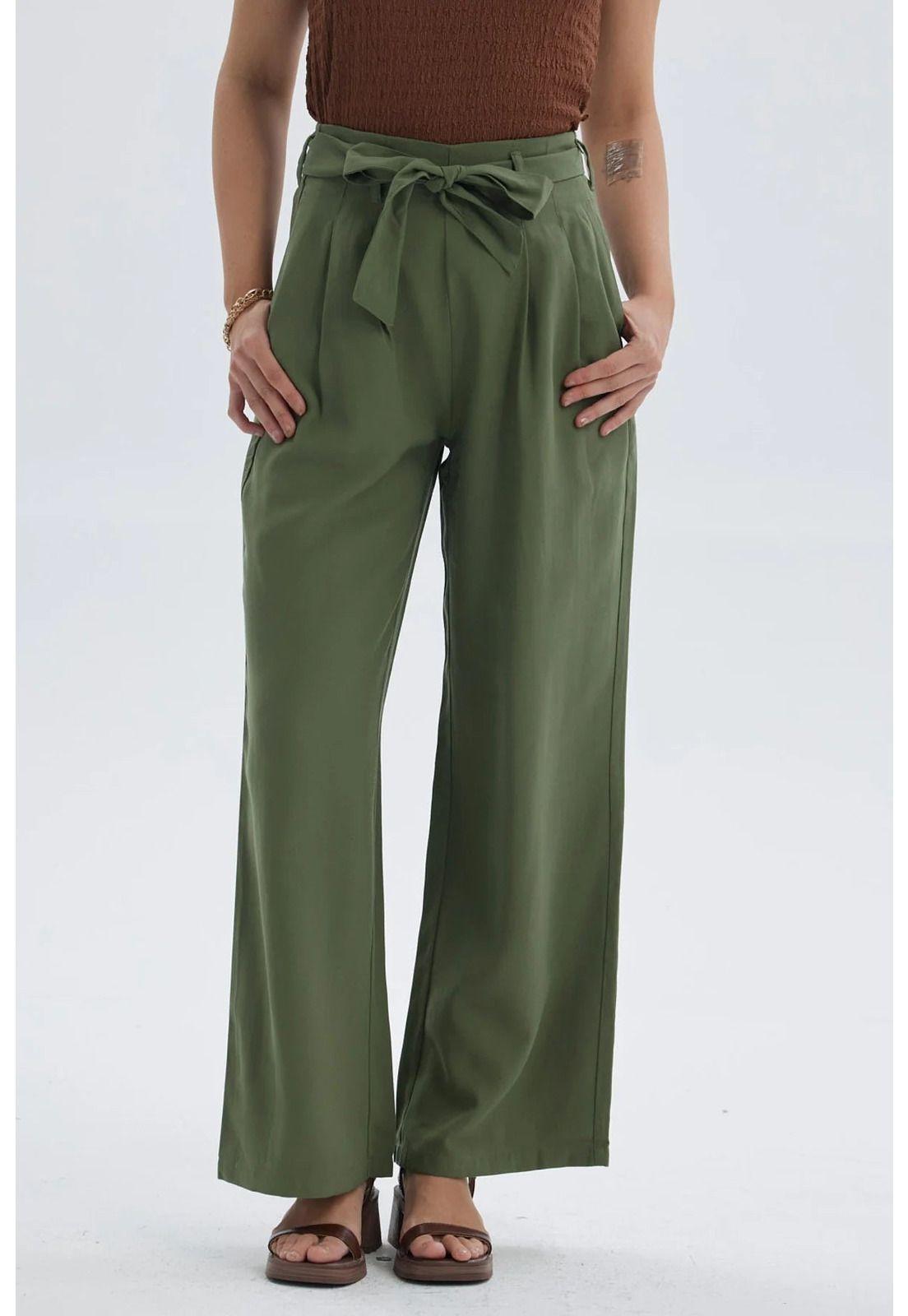 Pantalón Mujer Sastrero Con Cinturón Verde Musgo-0