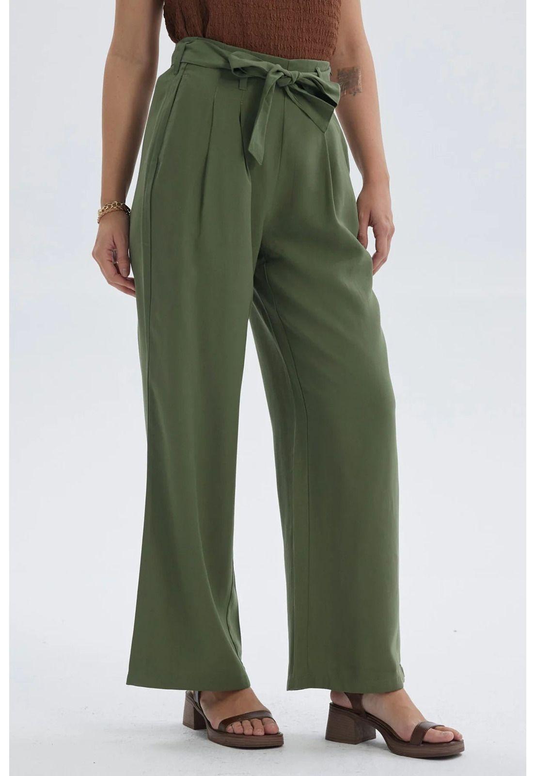 Pantalón Mujer Sastrero Con Cinturón Verde Musgo-1