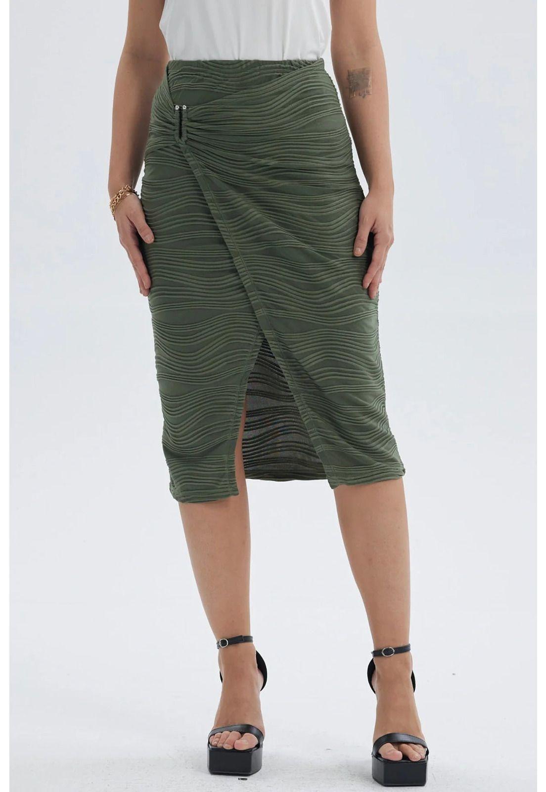 Falda Mujer Midi Cruzada Con Textura Verde Musgo-0