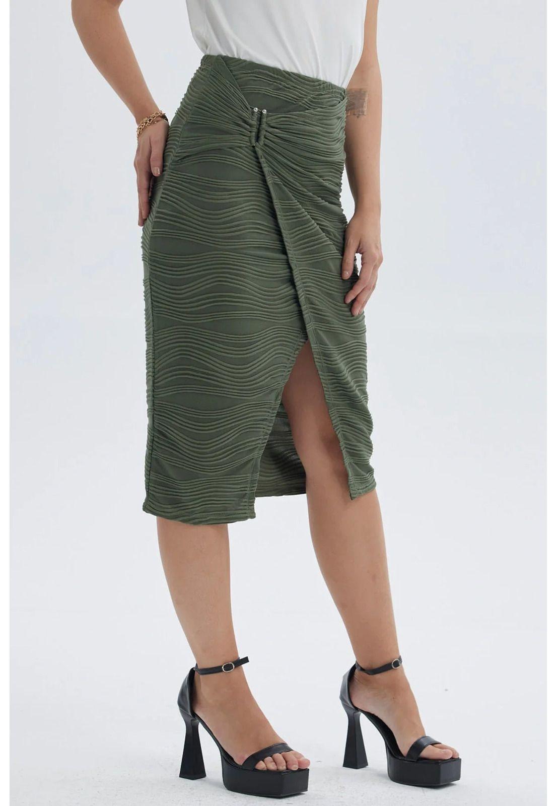 Falda Mujer Midi Cruzada Con Textura Verde Musgo-1