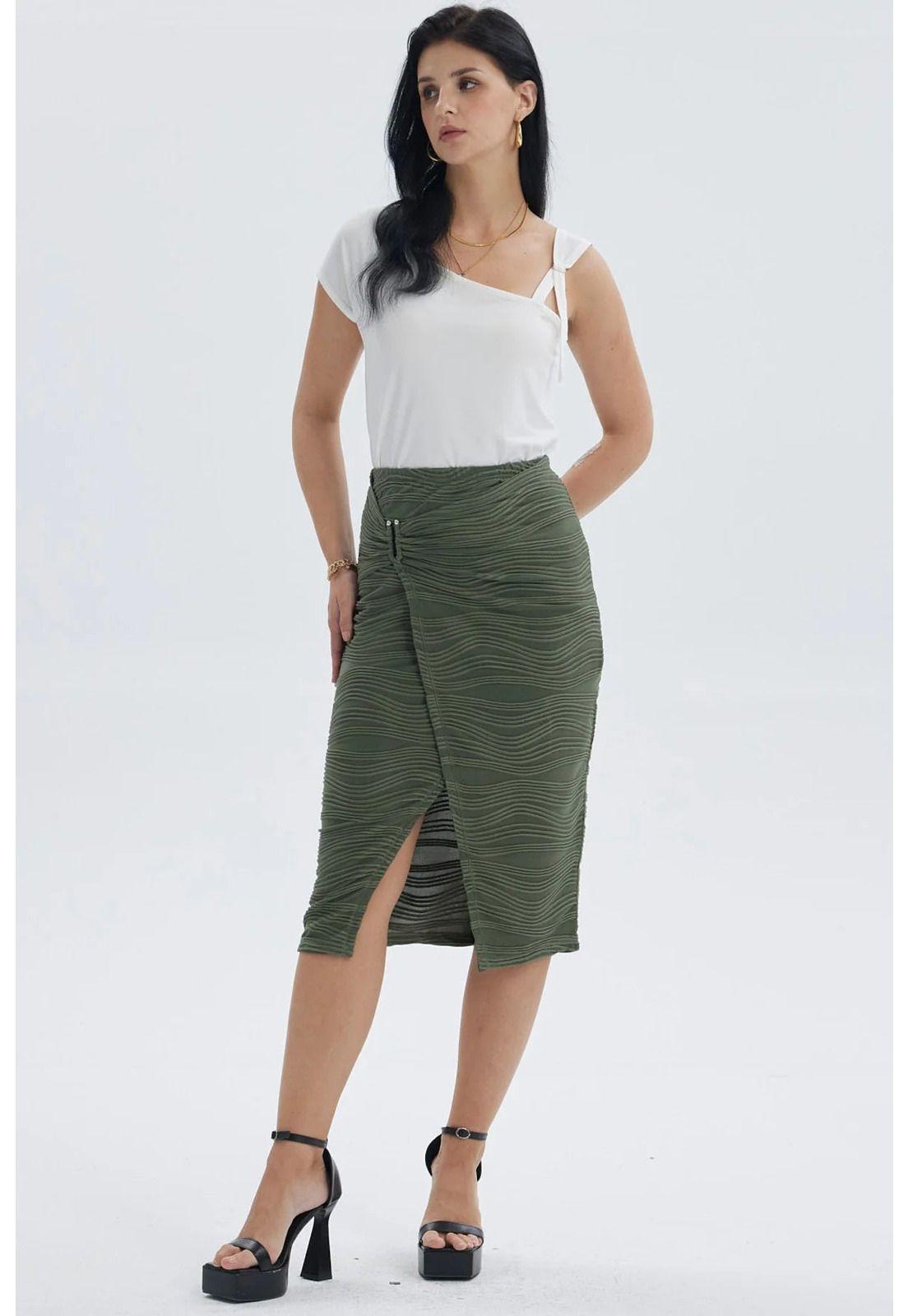 Falda Mujer Midi Cruzada Con Textura Verde Musgo-3